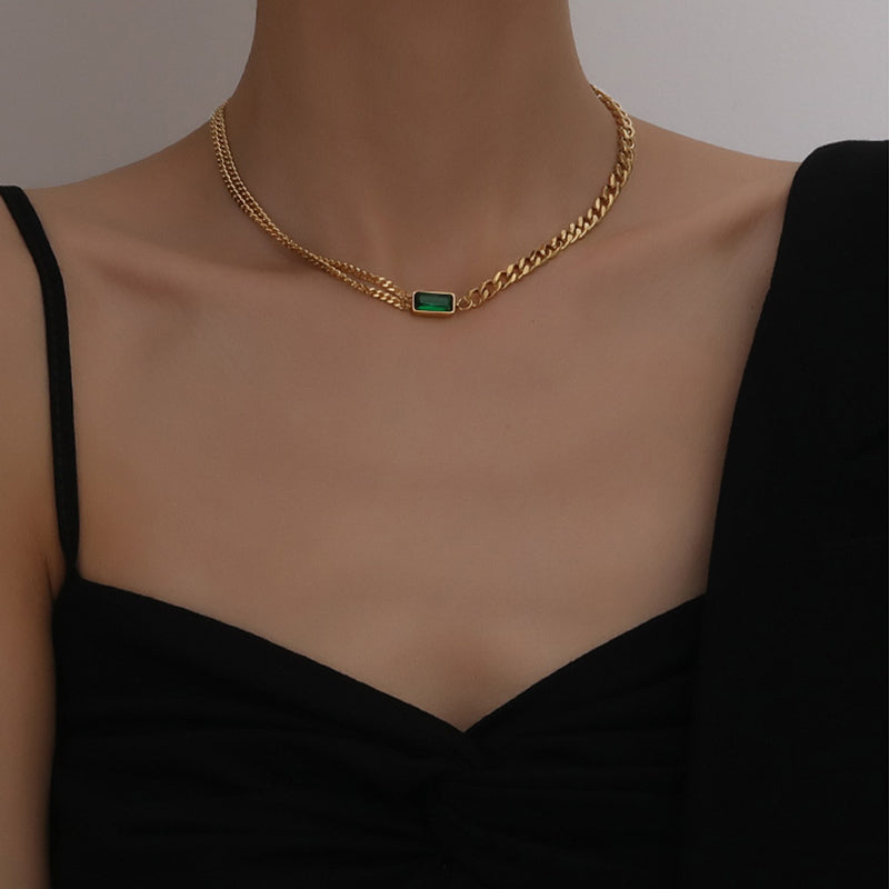 Multilayer golden green diamond necklace