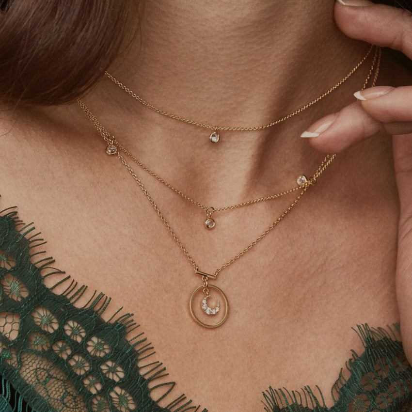 Alpscommerce Bohemian Antique Gold Circle Moon Rhinestone Pendant Chokers Necklaces Multi Layer Necklace Collar for Women Jewelry