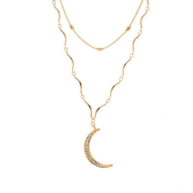 Full Diamond Moon Pendant Layered Pendant Necklace