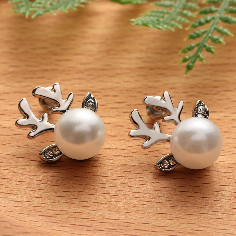 Stud Earrings Christmas Pearl Antlers Earrings
