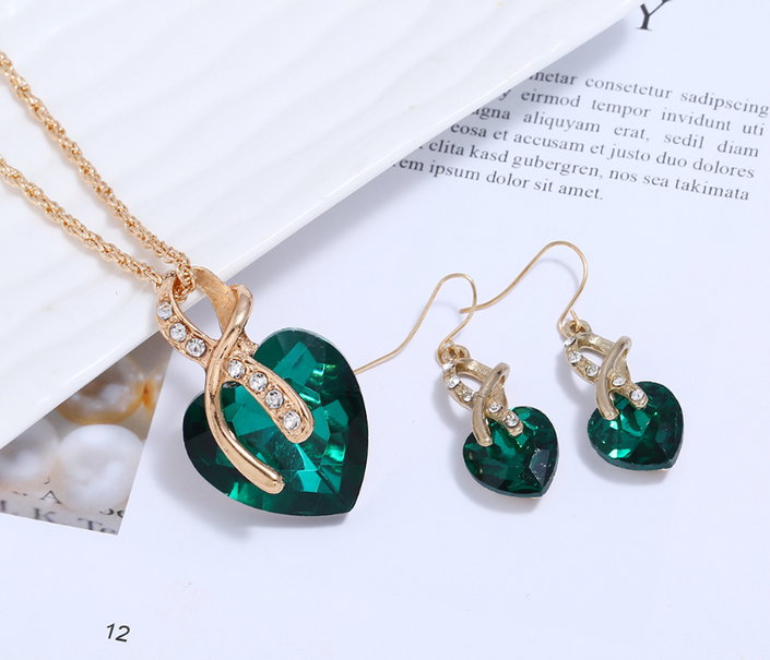 fashion banquet ornaments Two-piece set of peach heart crystal diamonds Big red heart-shaped earrings necklace set