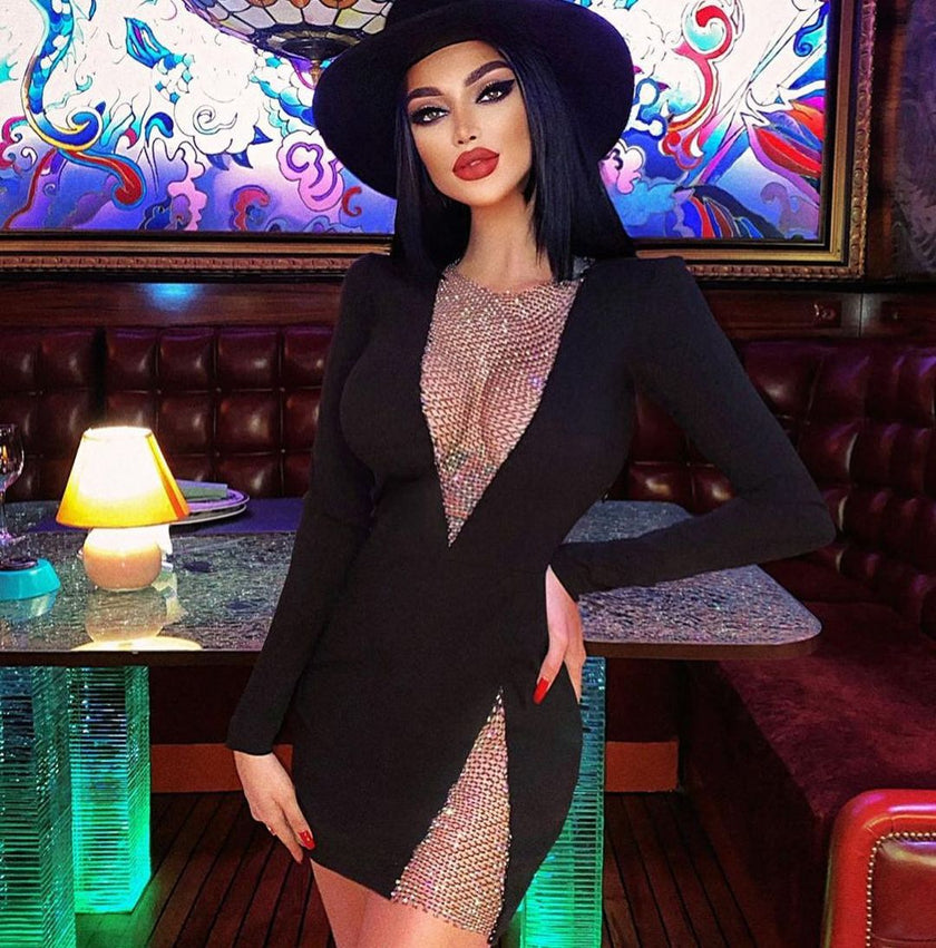 Net Diamond Ladies Party Long-sleeved Bandage Slim Dress