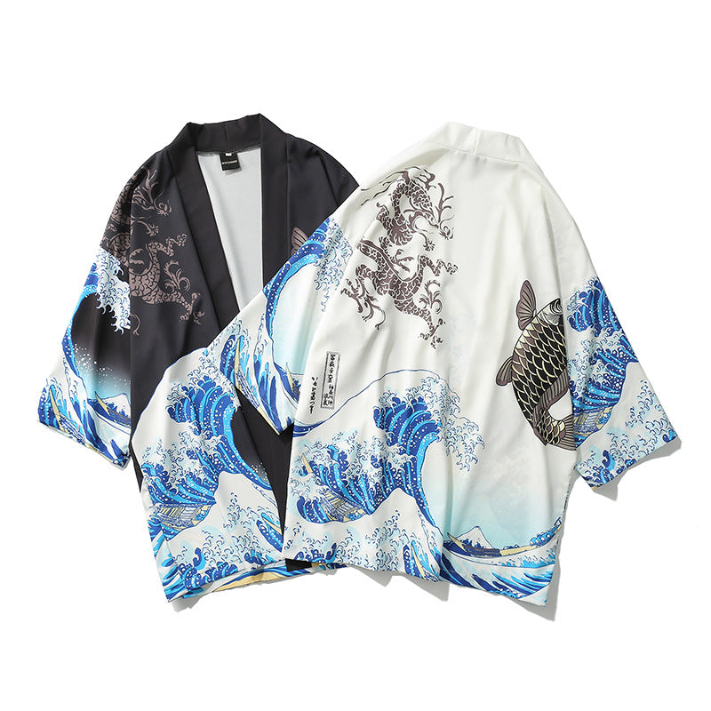 Japanese ukiyo-e painted robe wave squid print kimono men and women loose seven-point sleeve shirt thin section