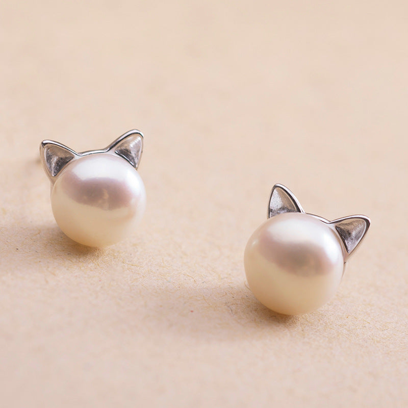 S925 silver simple original craft kitten hollow pierced earrings