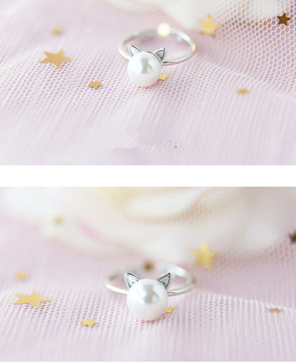 925 Sterling Silver Cat Pearl Ring