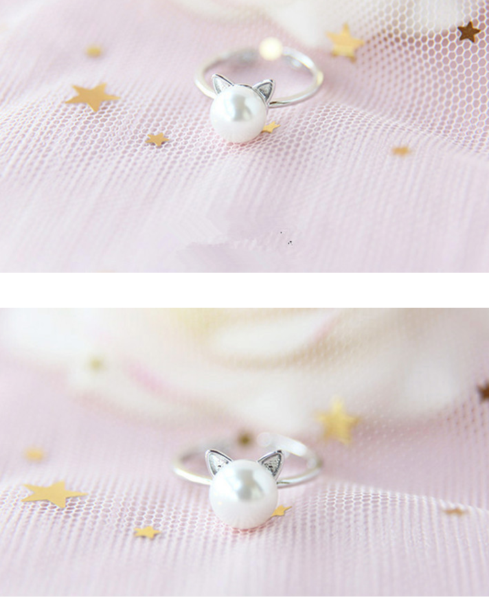 925 Sterling Silver Cat Pearl Ring