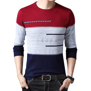 Winter Pullover Men Round Collar Striped Cotton Sweaters Slim Fit Pull Homme Knitwear