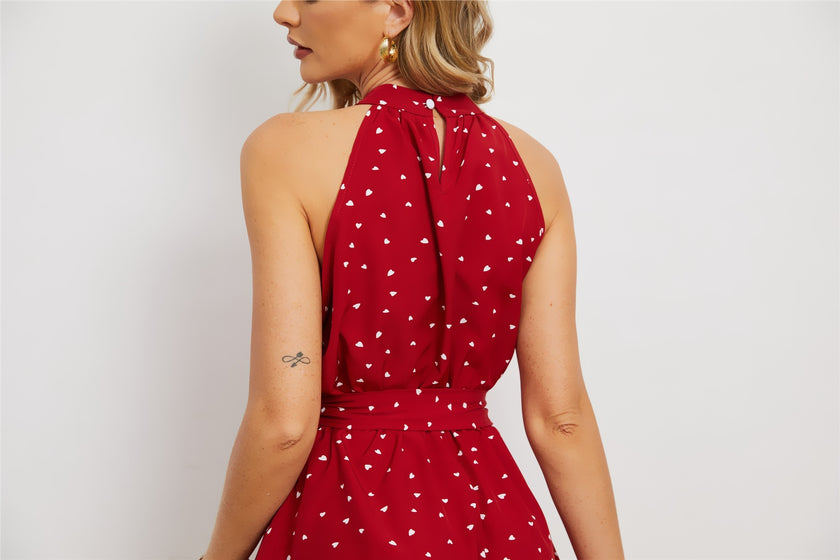 Printed Lace Up Collar Sleeveless Dress For Women