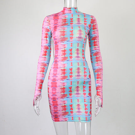 Hollow Backless Print Bag Hip Dress