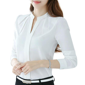 New Style V-neck Long-sleeved Elegant Ladies Office Chiffon Shirt