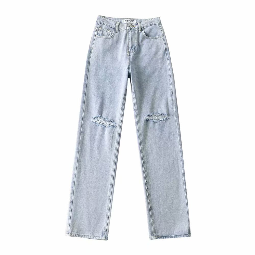 European And American Double-knee Holes Rolled Edge Mopping Jeans