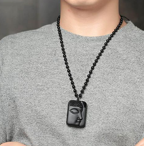 Obsidian Wolf Head Bagua Side Buddha Necklace