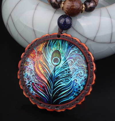 Peacock feather pendant ethnic style sweater chain