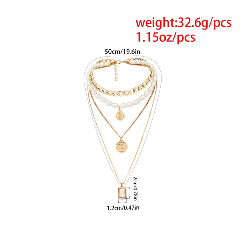Vintage coin gemstone necklace sweater chain female personality temperament multi-layer pearl necklace