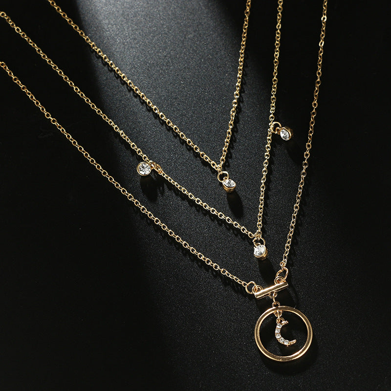 Alpscommerce Bohemian Antique Gold Circle Moon Rhinestone Pendant Chokers Necklaces Multi Layer Necklace Collar for Women Jewelry