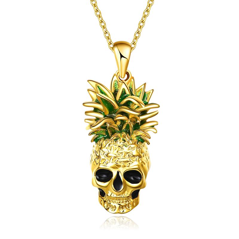 Sterling Silver Gold Plated Nightmare Skull and Pineapple Pendant Necklace Jewelry