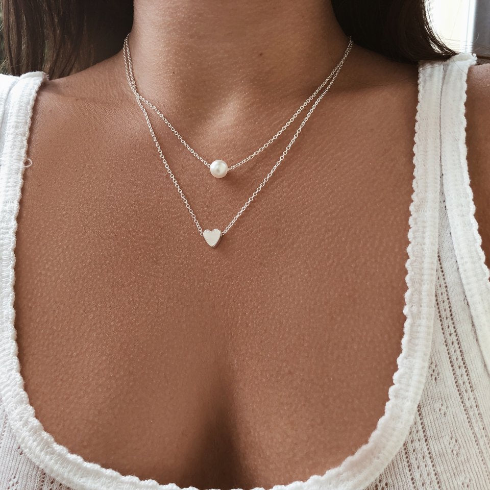 Bohemian Fashion Simple Pearl Love Double Clavicle Chain Necklace