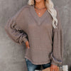 Fashion loose V-neck T-shirt Lantern Sleeve Top