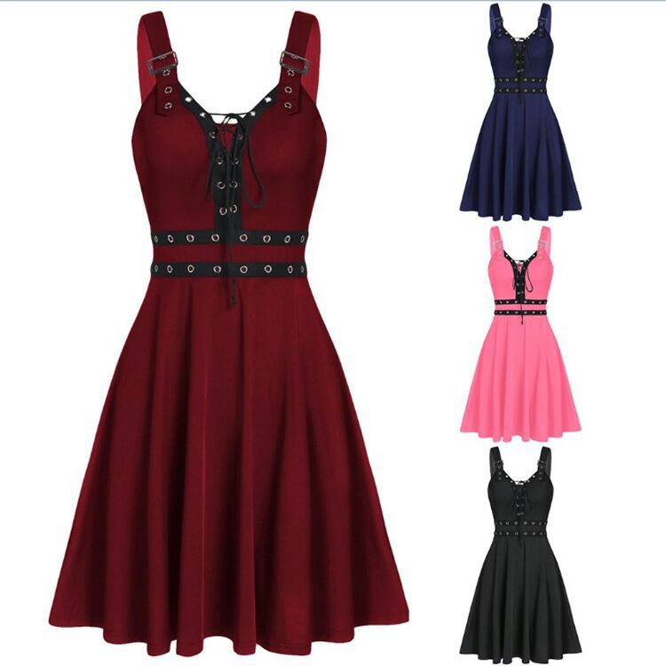 Women's Fashion Punk Style Sleeveless Straps Loose Big Hem Halter Dress