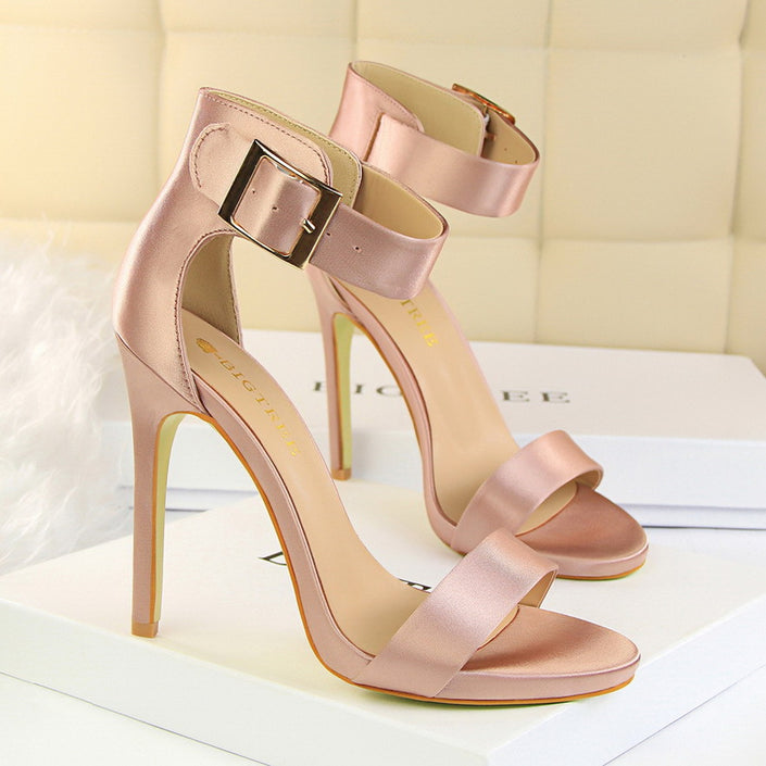 Satin  stiletto platform high heels with buckled sandals