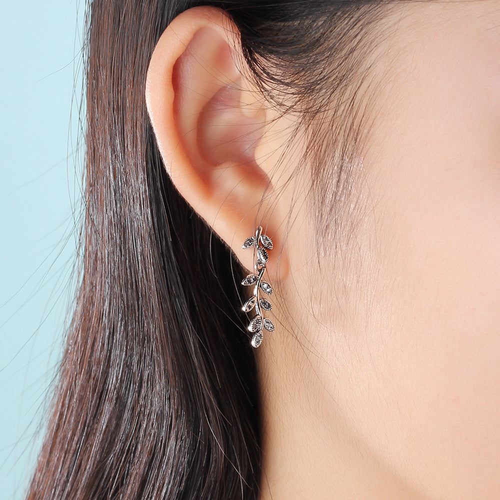 S925 sterling silver jewelry leaves retro old earrings female temperament simple diamond earrings earrings earrings