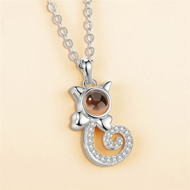 S925 Silver Personalized Gift Cat Shape Customized Colorful Photo Projection Necklace
