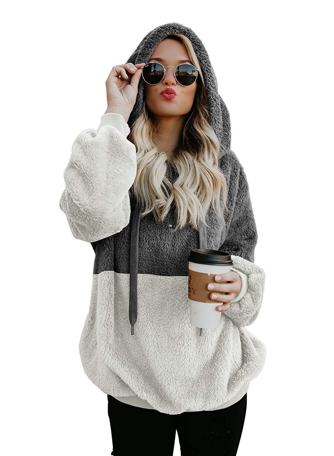 Alpscommerce Women Casual Plush Hoodies Zipper Lady Hooded Warm Loose Tops