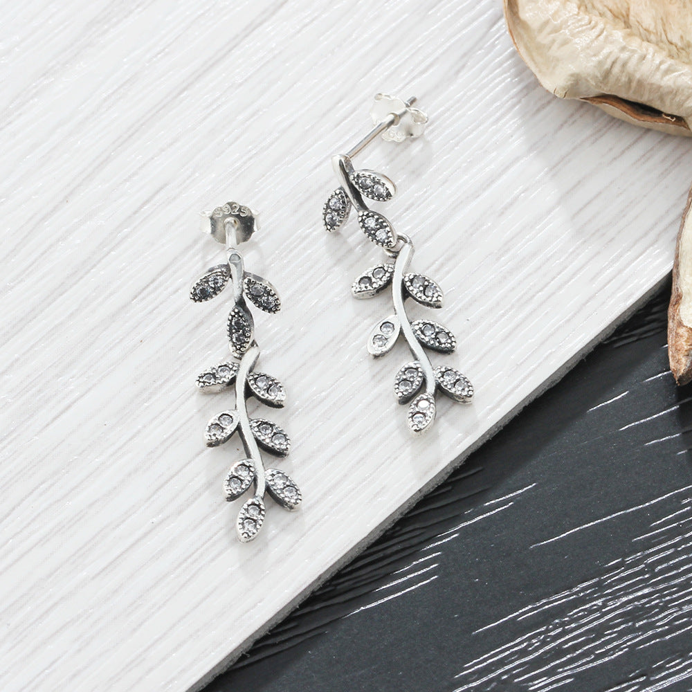 S925 sterling silver jewelry leaves retro old earrings female temperament simple diamond earrings earrings earrings