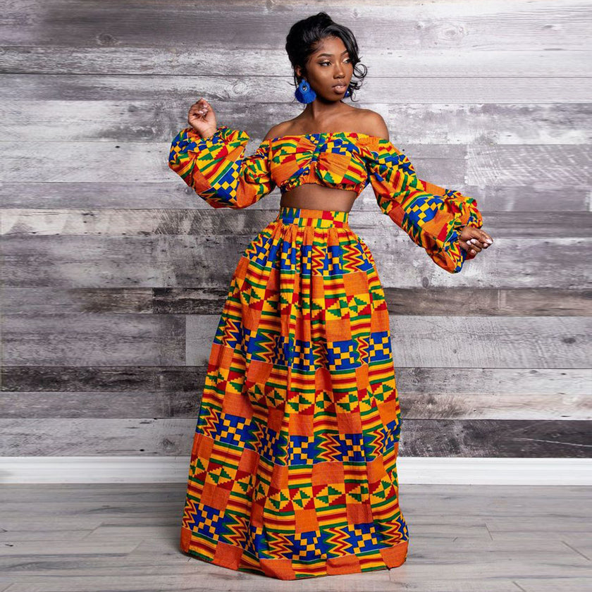 Printed African Style Women's Suit One-way Neck Top Split Skirt