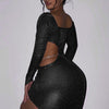 Long Sleeve Hollowed Out Drill Strip Bag Hip Skirt