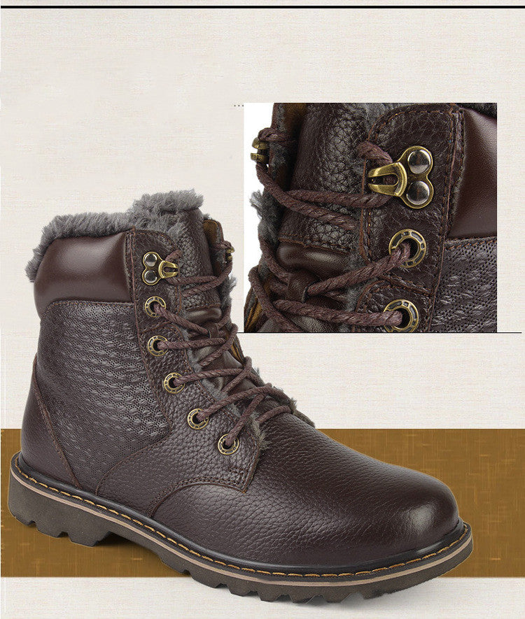 Winter Men's High-top Plus Fluffy Cotton Shoes Cowhide Plus Size To Keep Warm