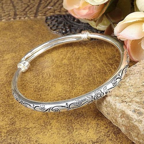 Tibetan Silver Seedling Silver Solid Carved Bracelet