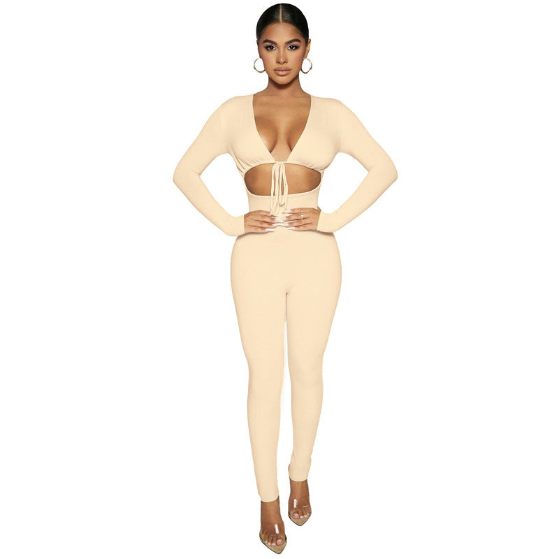 Solid Color  Lace-up Hollow Long-sleeved Skinny Jumpsuit