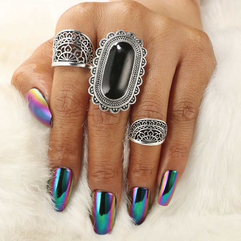 Hipster simple fashion black gem ring 3-piece set