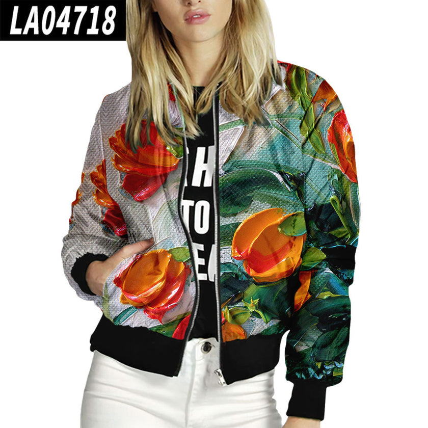 Women Stand Up Collar Baseball Uniform Floral Pattern