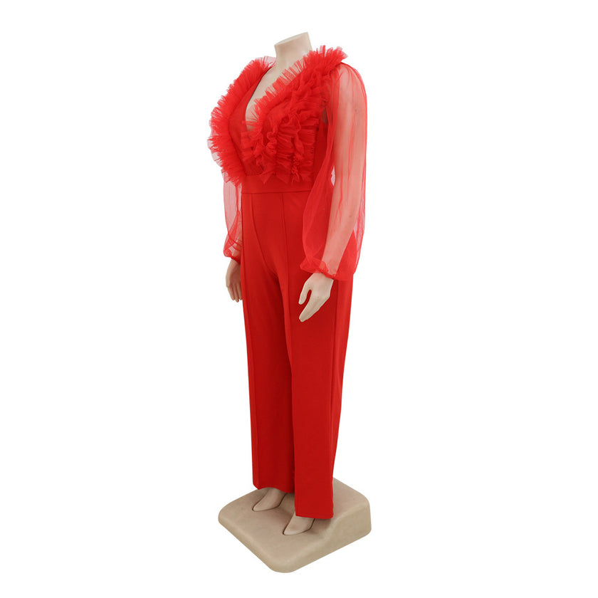 Deep V Solid Large Bodysuit Perspective Long Sleeve Women jumpsuit