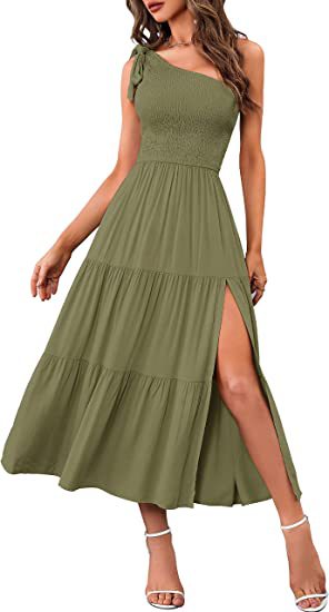 Fashion Women's One-shoulder Pleated Layered Hem Split Dress