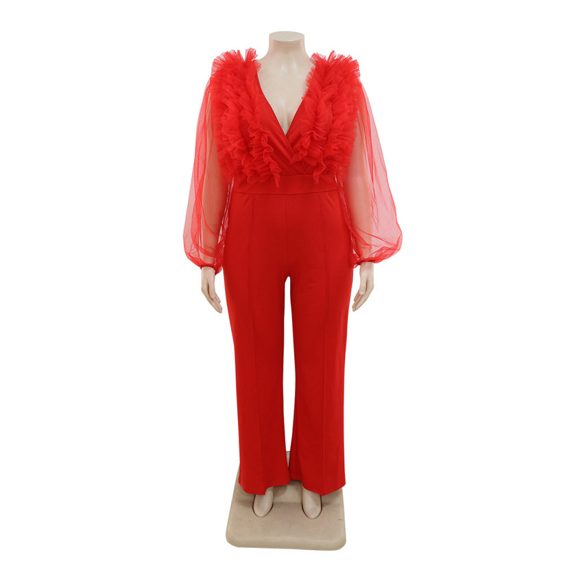 Deep V Solid Large Bodysuit Perspective Long Sleeve Women jumpsuit