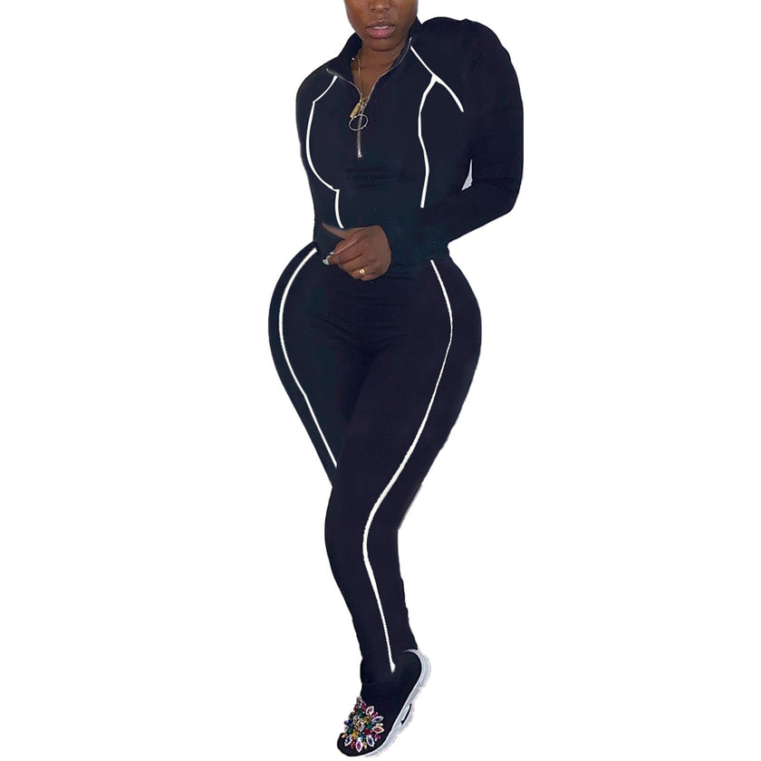 Women 2 Piece Activewear Set Long Sleeve Zip Top Leggings gym