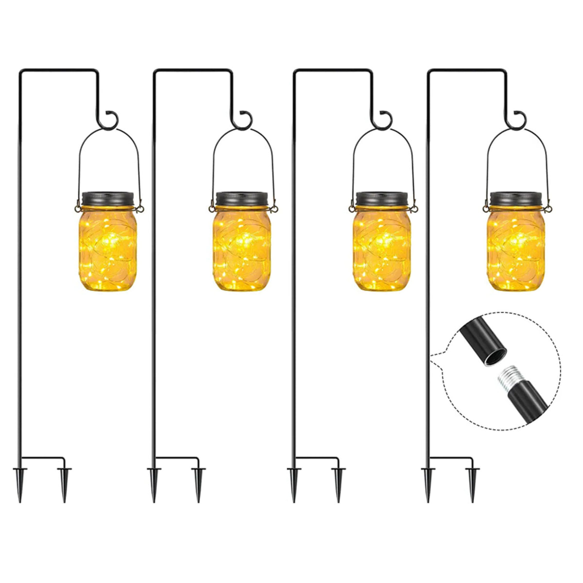 4 Pieces 32 Inch To 62 Inch Adjustable Outdoor Garden Hooks And 4 Pieces Outdoor Hanging Jar Light With 20 LEDs For Garden Stakes And Wedding Decor
