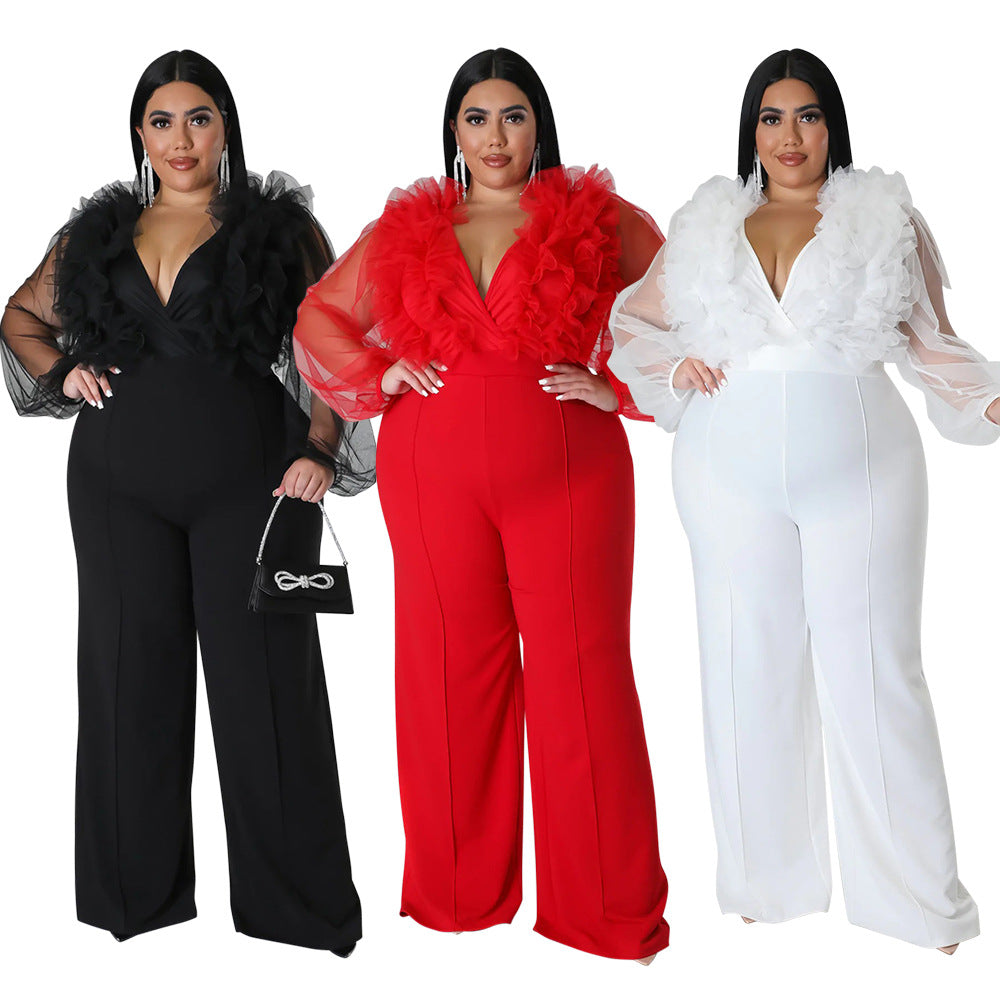 Deep V Solid Large Bodysuit Perspective Long Sleeve Women jumpsuit