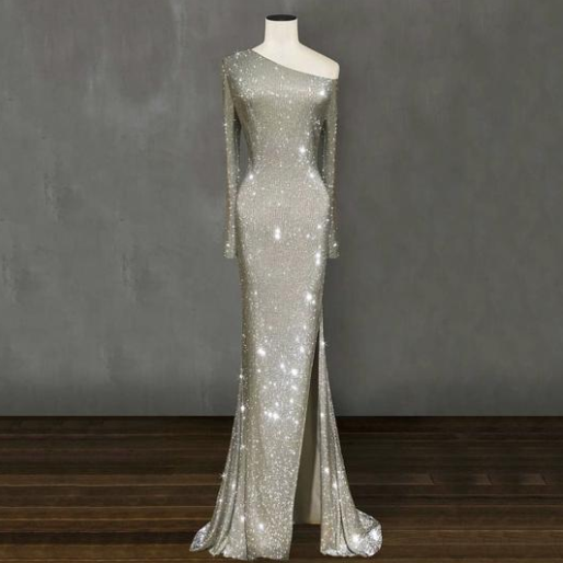 one shoulder asymmetric sparkling crystal long dress skirt dress