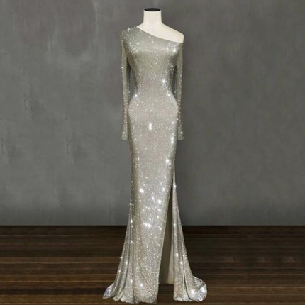 one shoulder asymmetric sparkling crystal long dress skirt dress