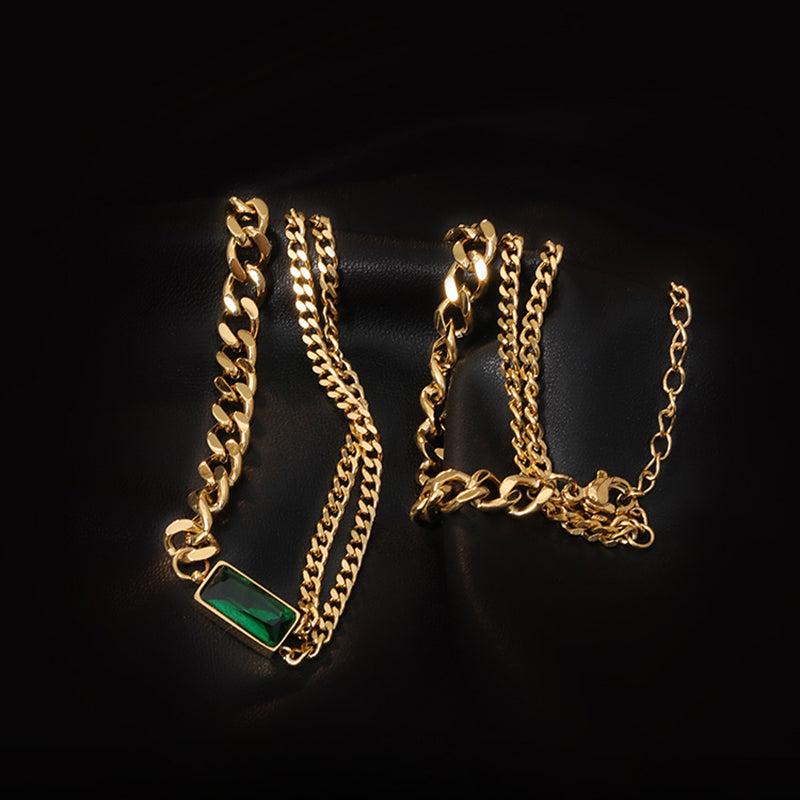 Multilayer golden green diamond necklace
