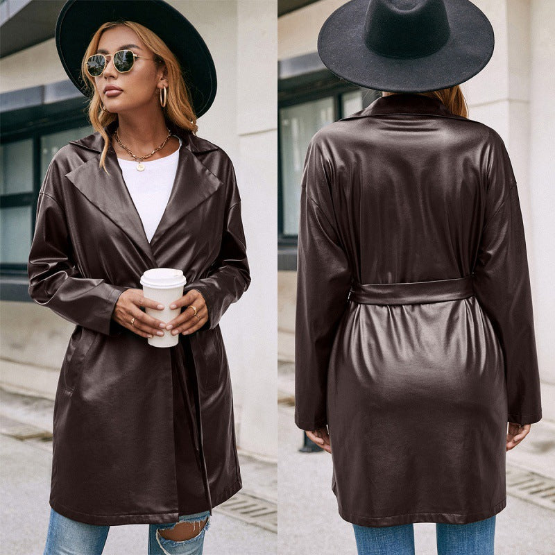 Mid-length Leather Western-lace Slim Long-sleeved Trench Coat jacket