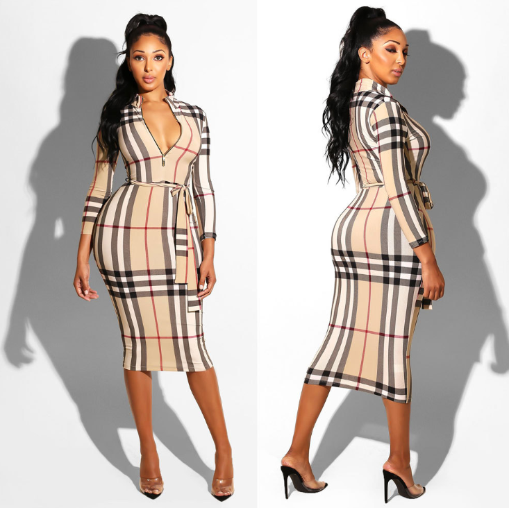 Multicolor Zipper Neck Party Bodycon Dress