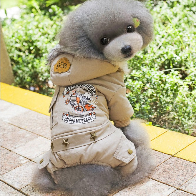 Pet dog clothes dog clothing direct wholesale explosions foreign trade autumn and winter machine rider four-legged cotton coat