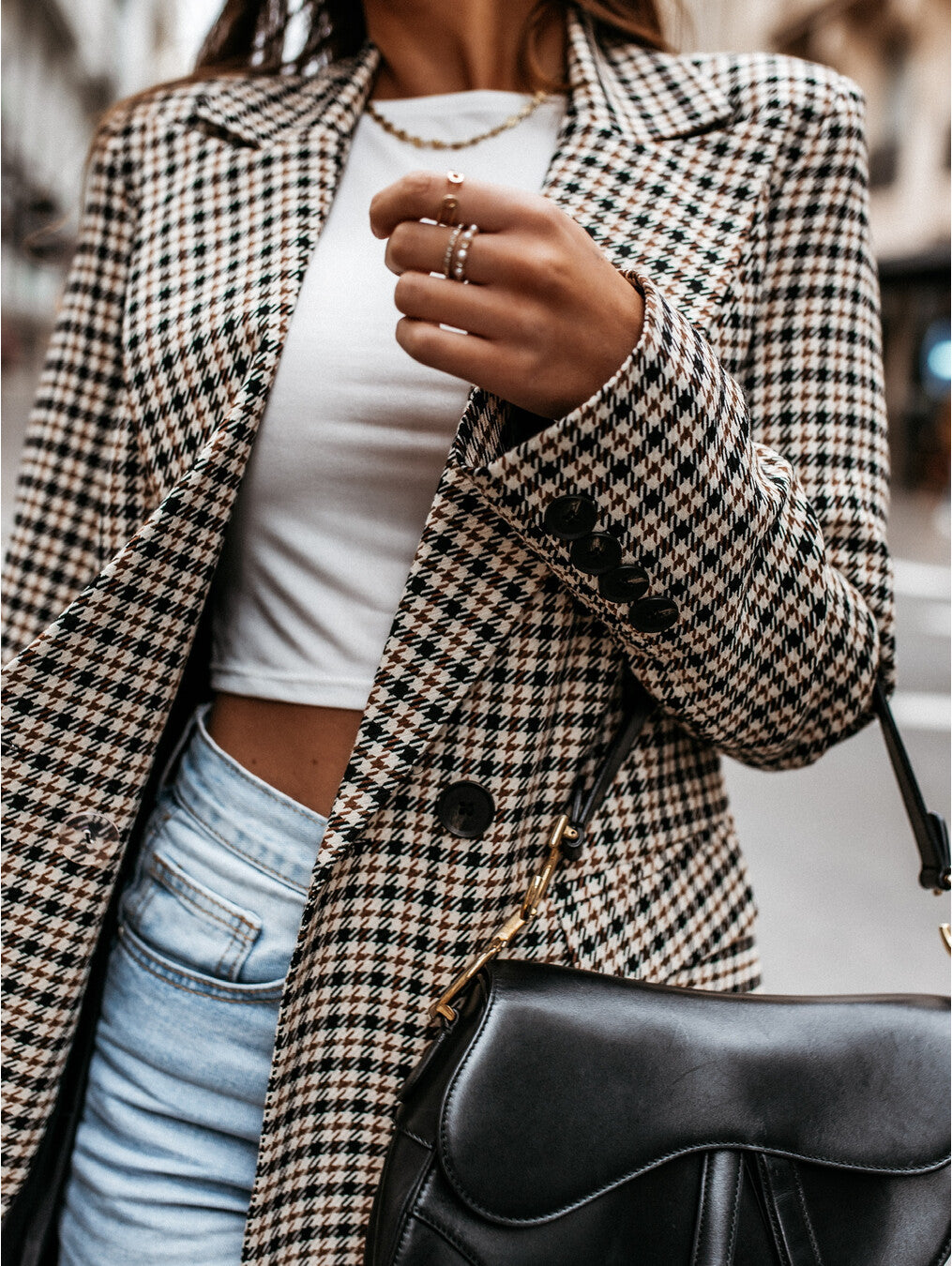Office Ladies Lapel Vintage Plaid Women Blazer Double Breasted Autumn Jacket   Casual Pockets Female Suits Coat Sudaderas