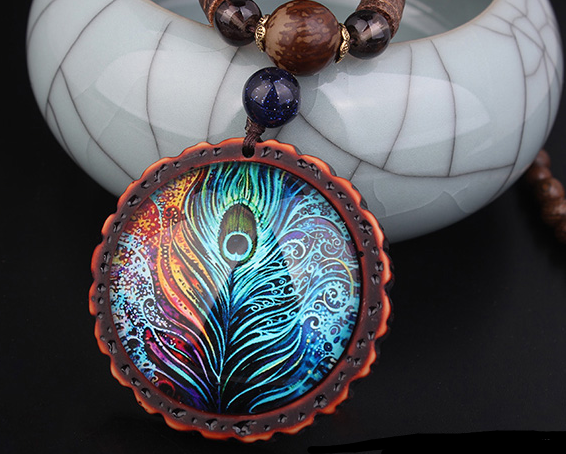 Peacock feather pendant ethnic style sweater chain