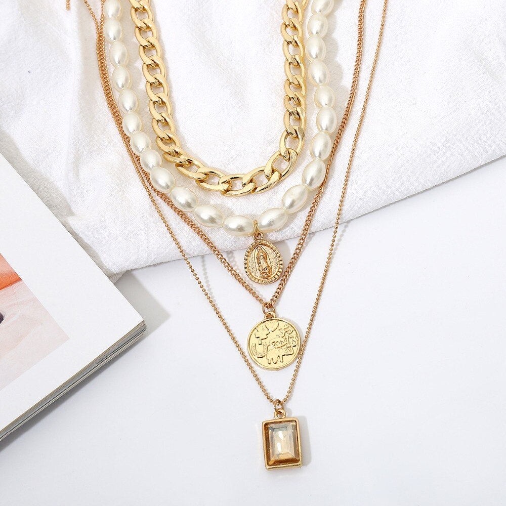 Vintage coin gemstone necklace sweater chain female personality temperament multi-layer pearl necklace
